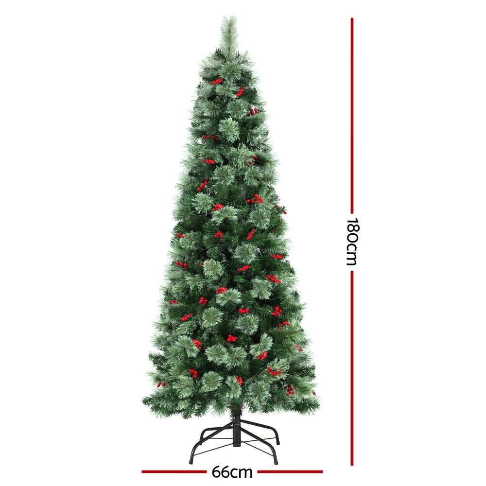 6FT / 1.8M Christmas Tree – Green with Red Berries – 556 Tips – Pre-lit 200 Warm White LED Lights