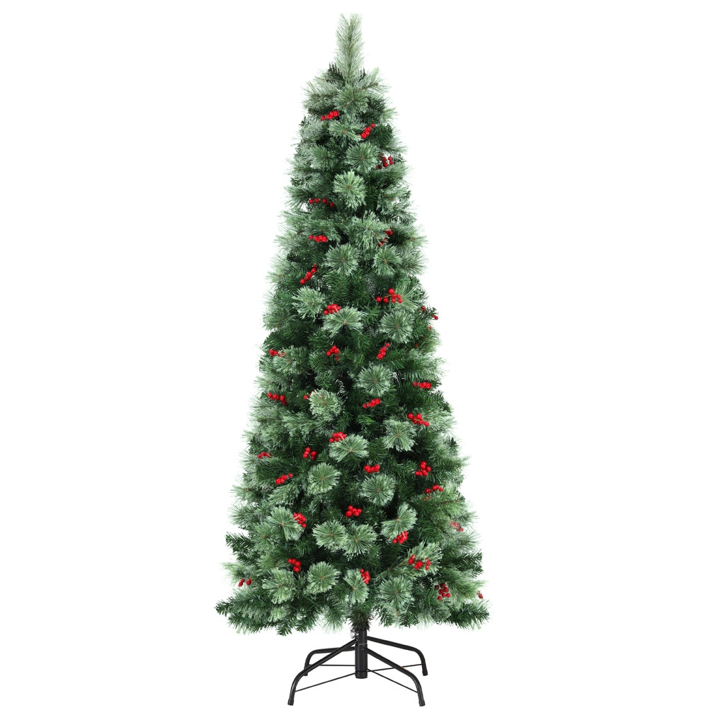 6FT / 1.8M Christmas Tree – Green with Red Berries – 556 Tips – Pre-lit 200 Warm White LED Lights