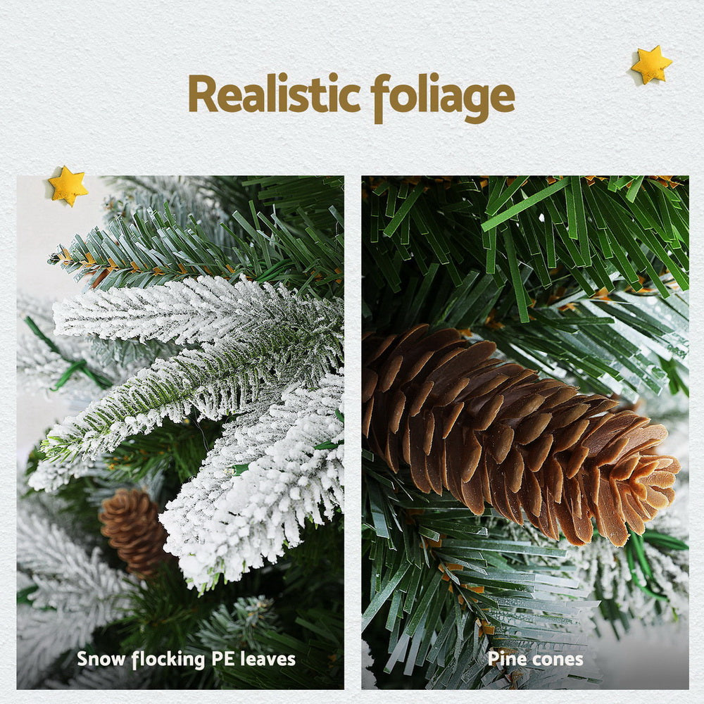 6FT / 1.8M Christmas Tree – Snow Flocked with Pine Cones – 680 Tips – Pre-lit 280 Warm White LED Lights