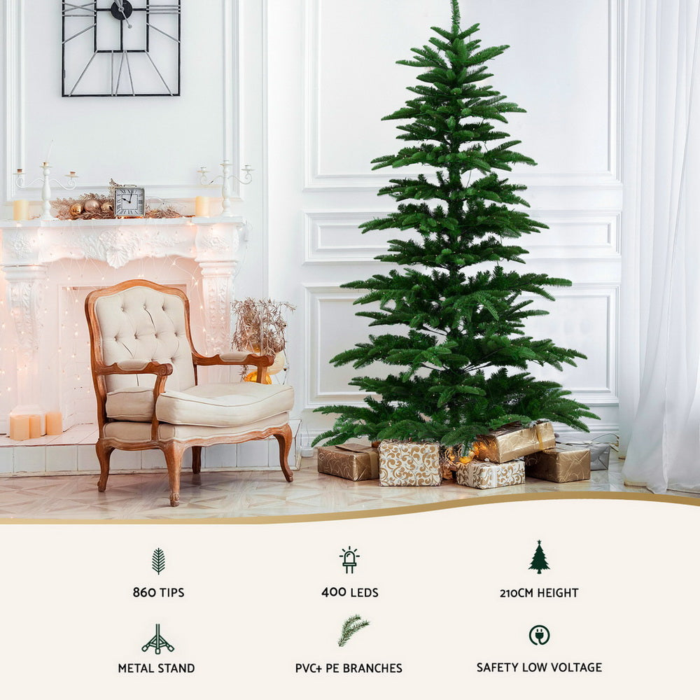 7FT / 2.1M Christmas Tree – Sparse Green – 860 Tips – Pre-lit 400 Warm White LED Lights