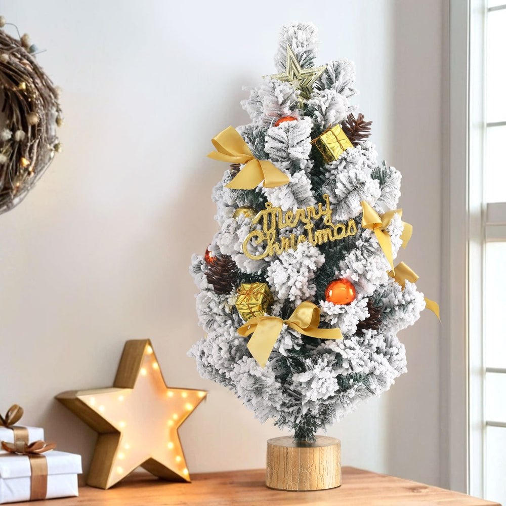 60CM Snowy Tabletop Christmas Tree with Tree Topper & Ornaments – Charming Mini Xmas Decoration