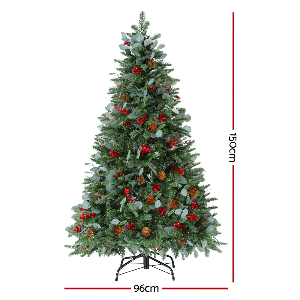 5FT / 1.5M Christmas Tree – Green with Pine Cones & Red Berries – 355 Tips – Pre-lit 160 Warm White LED Lights