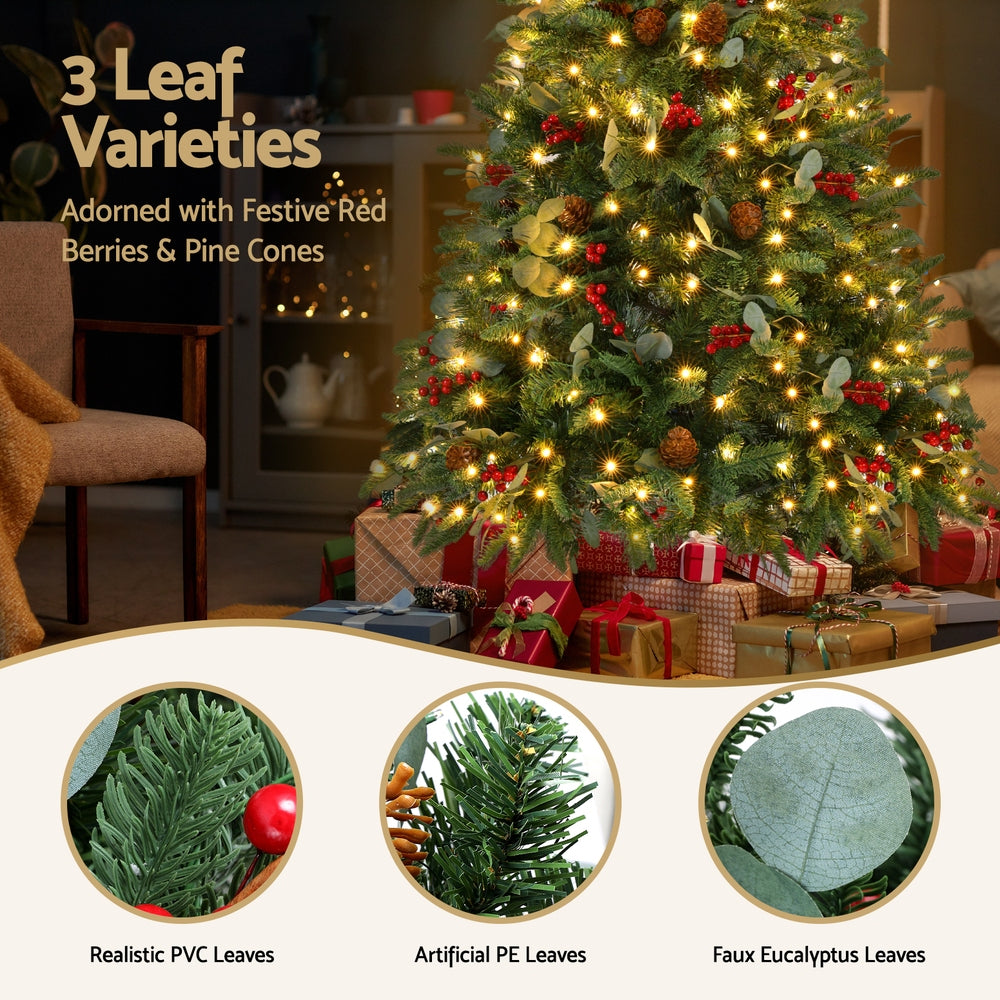 5FT / 1.5M Christmas Tree – Green with Pine Cones & Red Berries – 355 Tips – Pre-lit 160 Warm White LED Lights