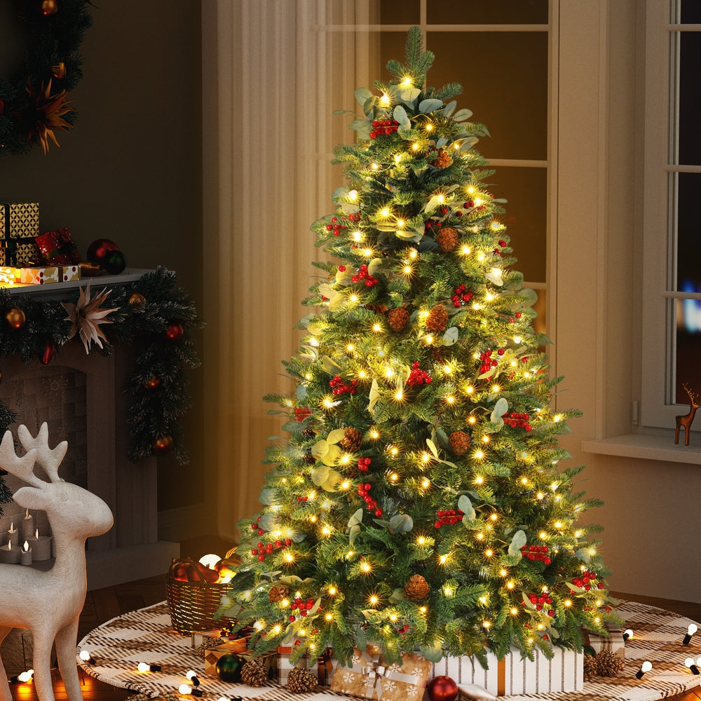 5FT / 1.5M Christmas Tree – Green with Pine Cones & Red Berries – 355 Tips – Pre-lit 160 Warm White LED Lights