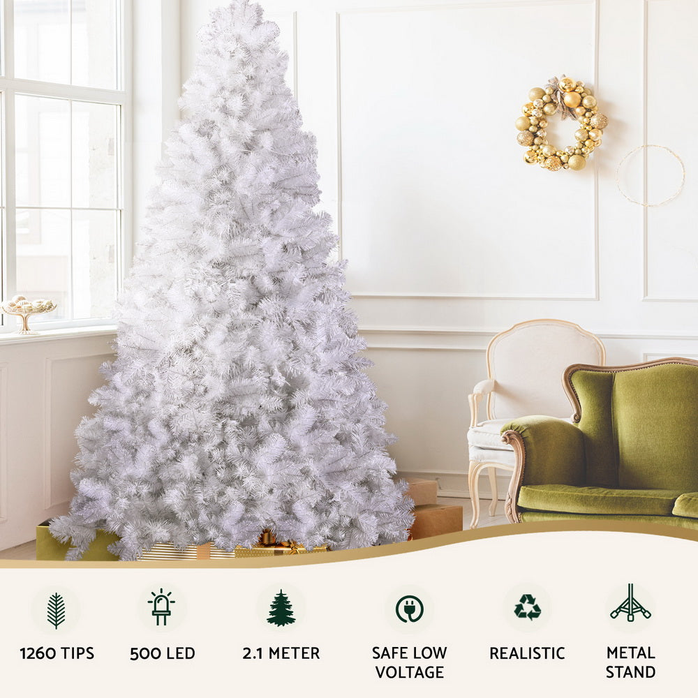 7FT / 2.1M Artificial White Christmas Tree with 500 LED Lights, 1260 Tips – Premium Xmas Tree