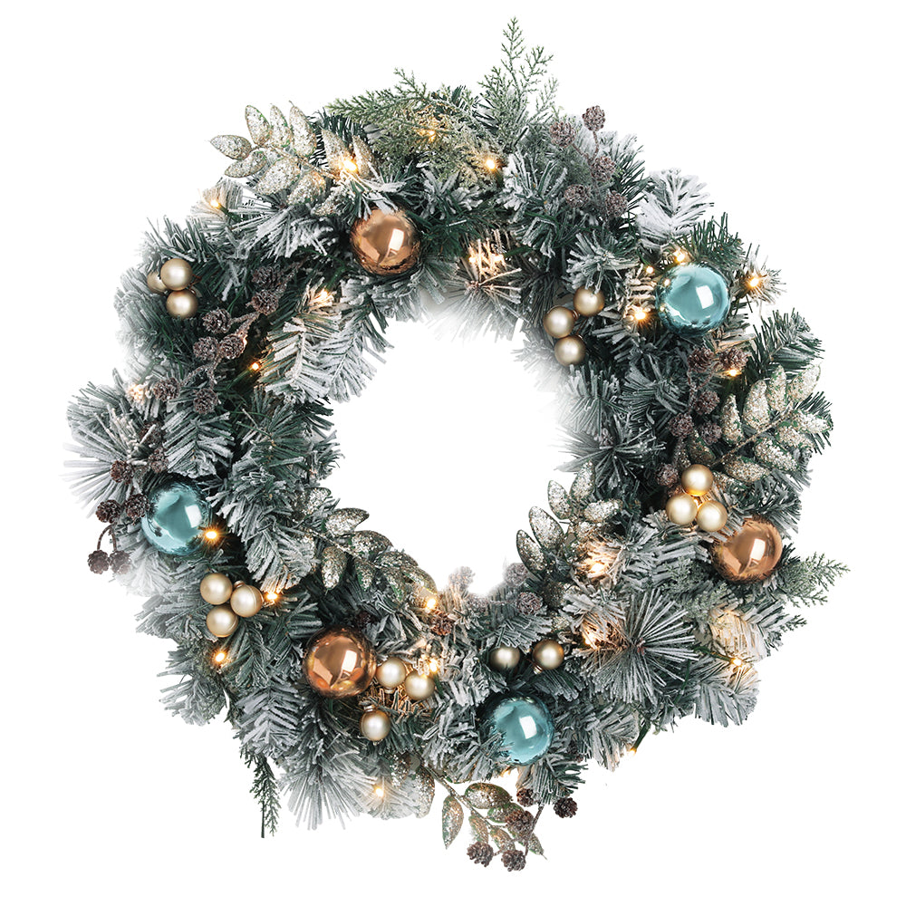 60cm Snowy Christmas Wreath with LED Lights – Festive Garland Décor