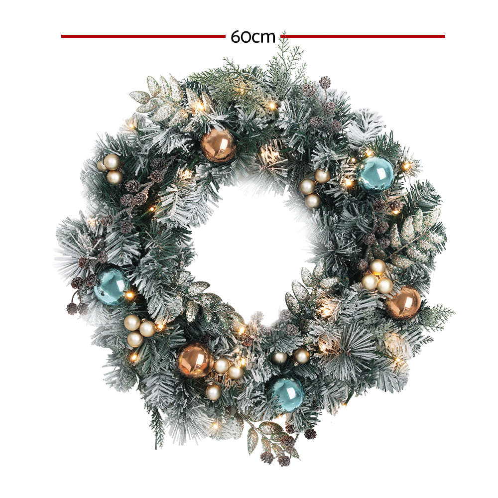 60cm Snowy Christmas Wreath with LED Lights – Festive Garland Décor