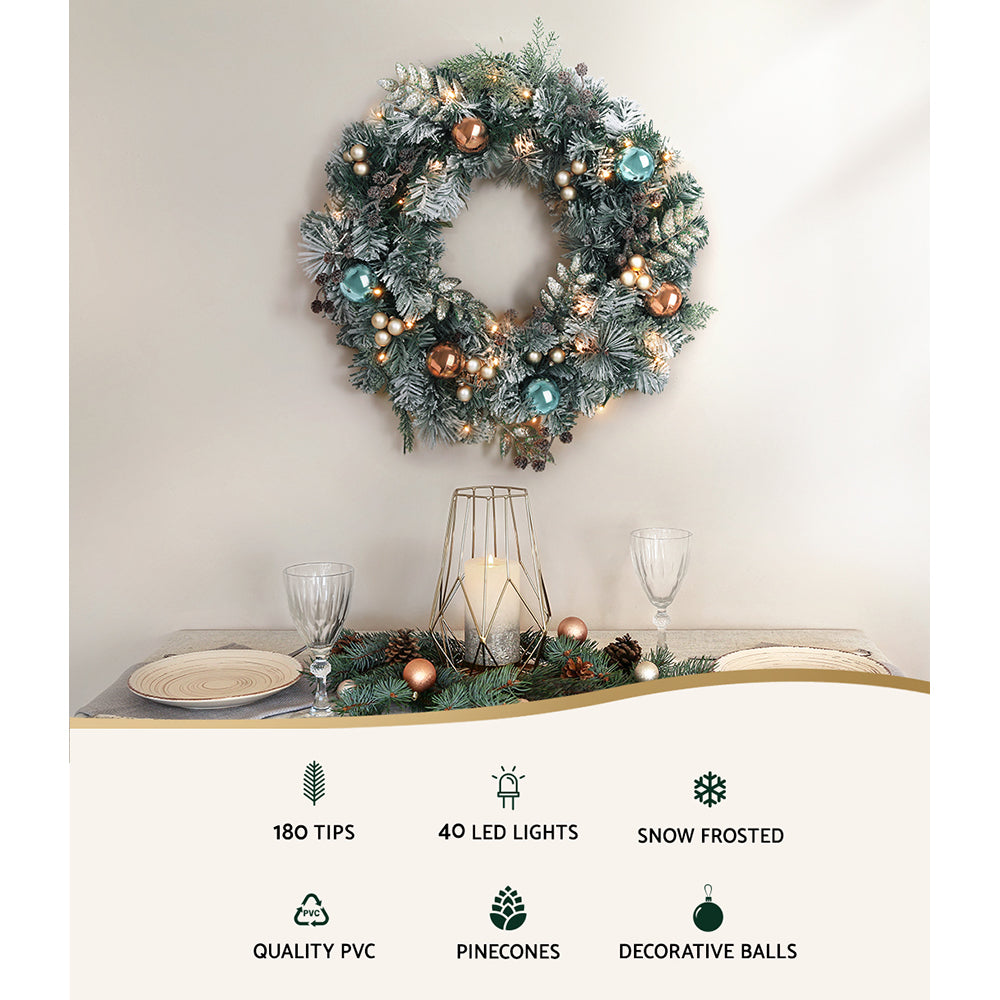 60cm Snowy Christmas Wreath with LED Lights – Festive Garland Décor