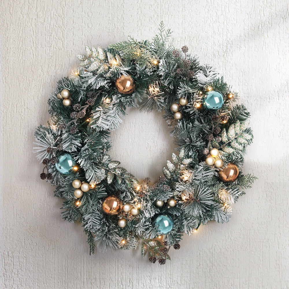 60cm Snowy Christmas Wreath with LED Lights – Festive Garland Décor