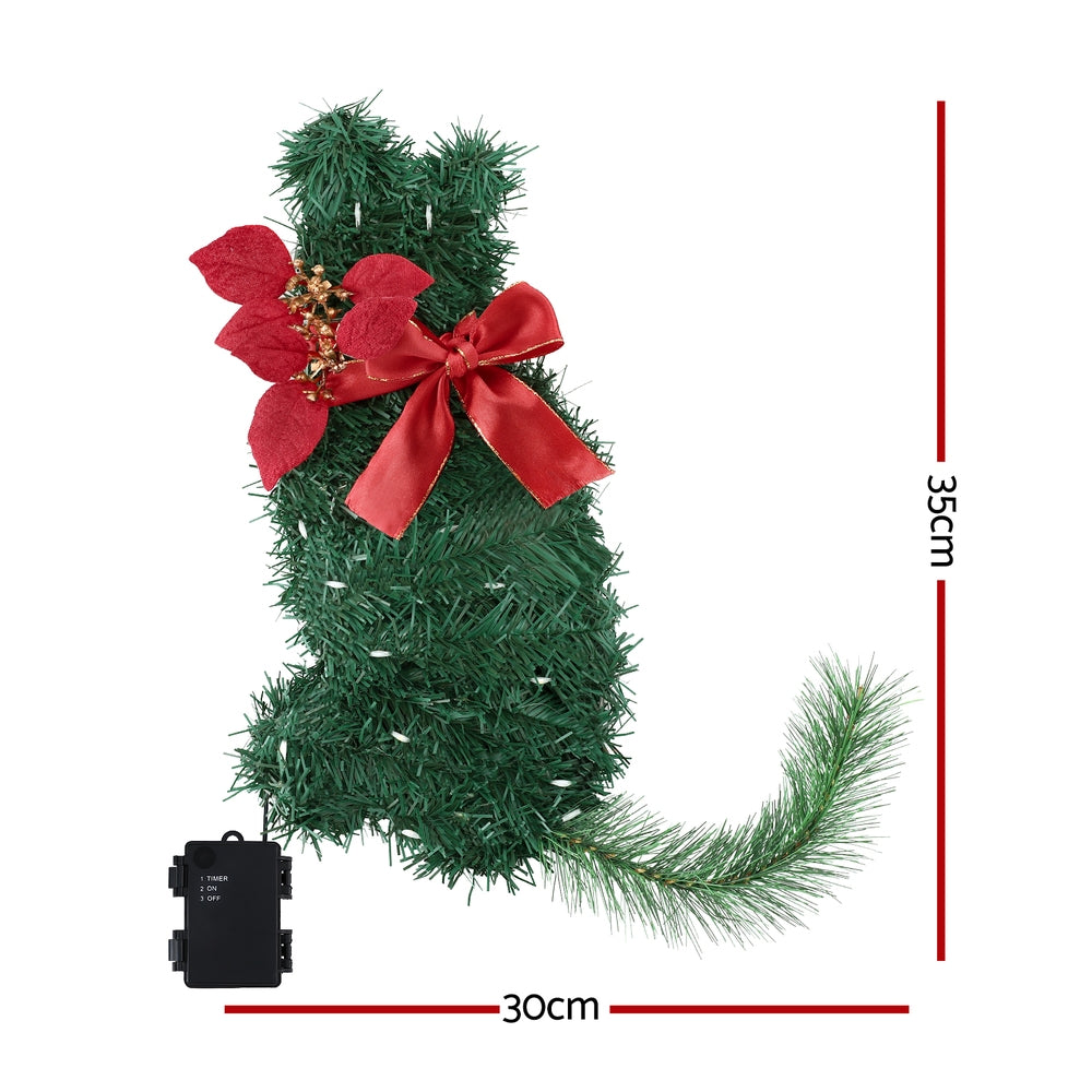 Cat Christmas Wreath Pre-lit 20 LED Xmas Decor Bow Flower 35x30cm