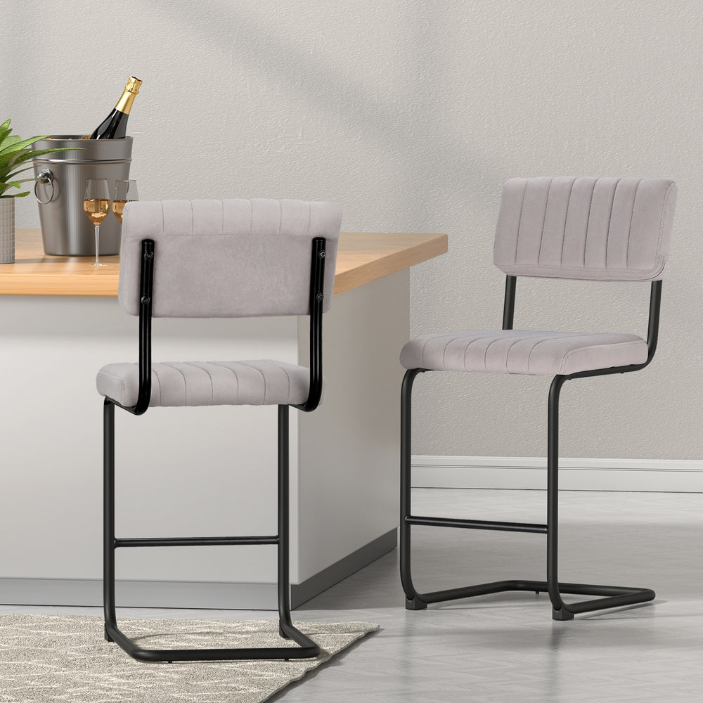 Set of 2 Velvet Fixed Height Bar Stools - Grey