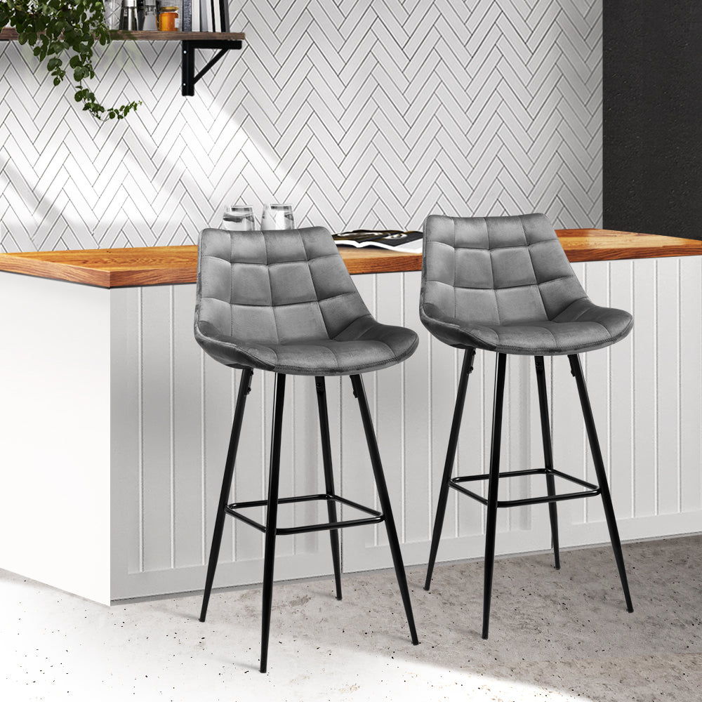 Set of 2 Velvet Bar Stools - Grey