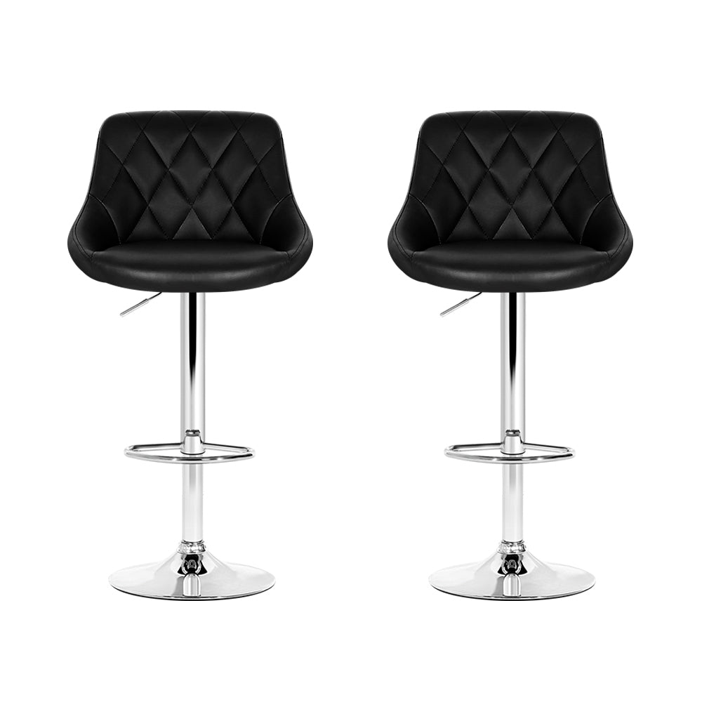 Set of 2 Bar Stools PU Leather Diamond Style - Black