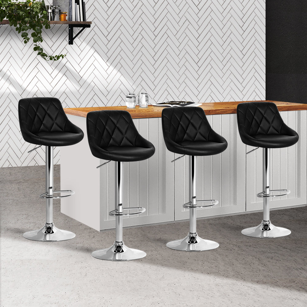 Set of 4 Bar Stools PU Leather Diamond Style - Black