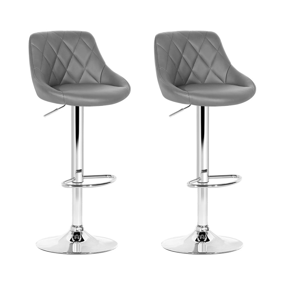 Set of 2 Bar Stools PU Leather Diamond Style - Grey