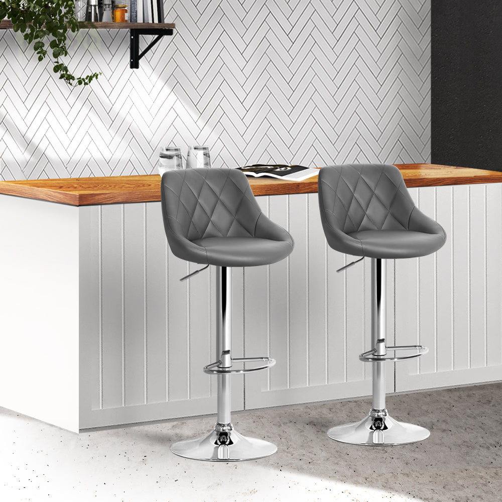 Set of 2 Bar Stools PU Leather Diamond Style - Grey