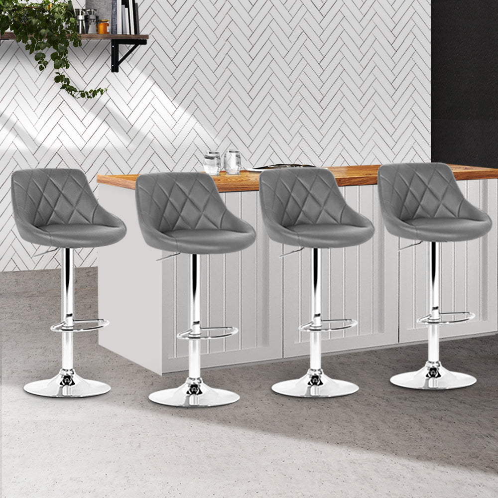 Set of 4 Bar Stools PU Leather Diamond Style - Grey