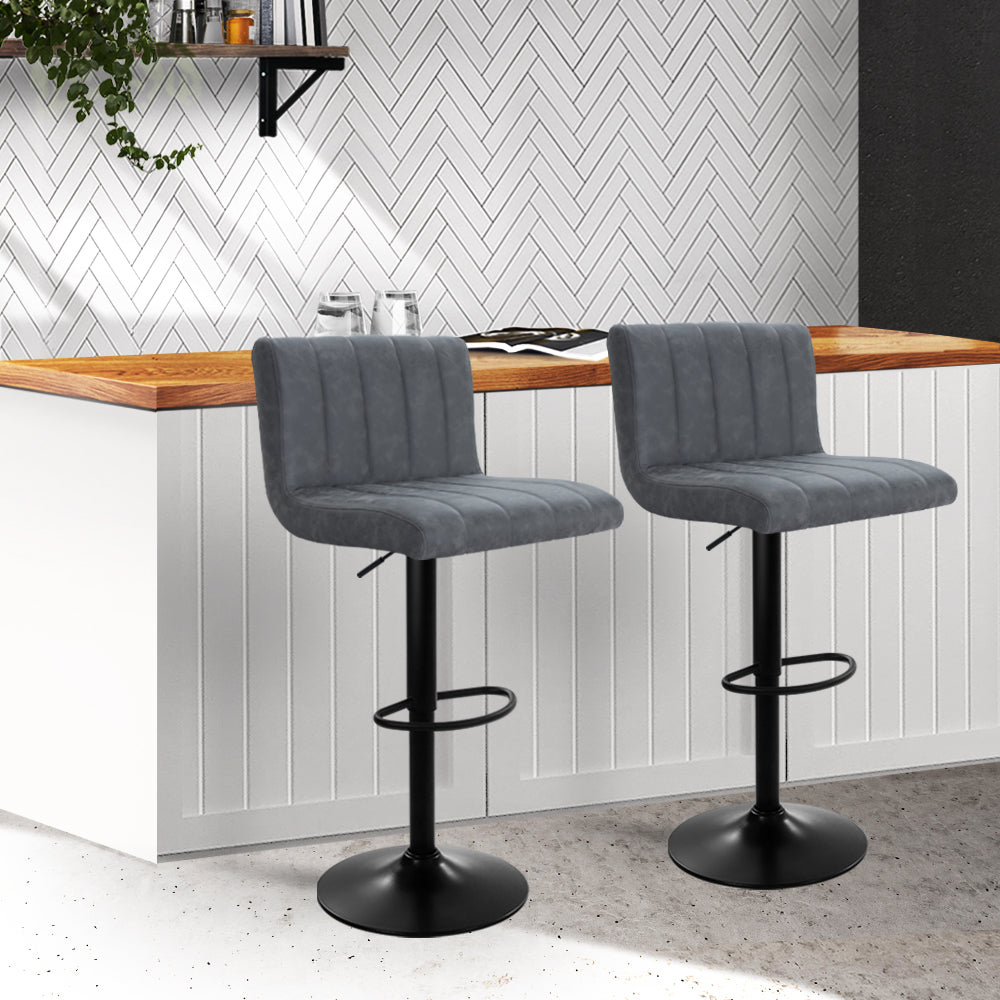 Set of 2 Bar Stools PU Leather Line Style - Grey