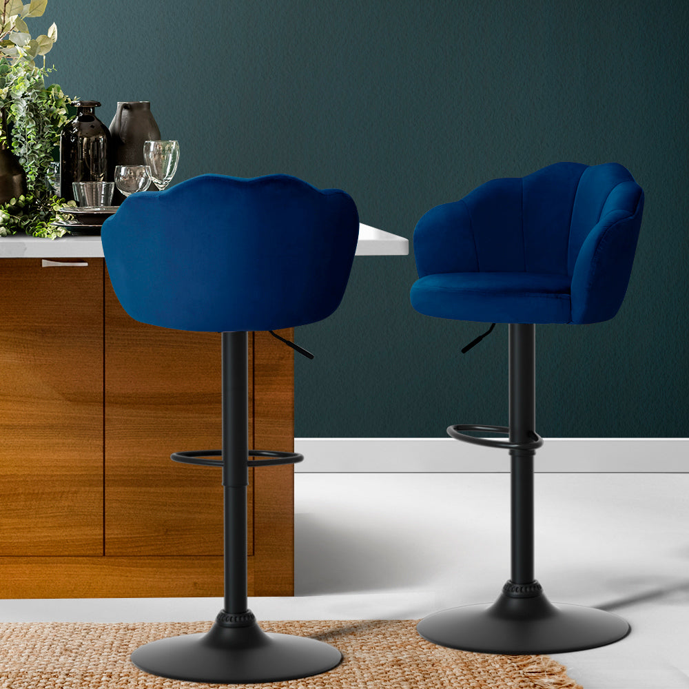 Set of 2 Bar Stools Kitchen Stool Swivel Chair Gas Lift Velvet Chairs Blue Nessah