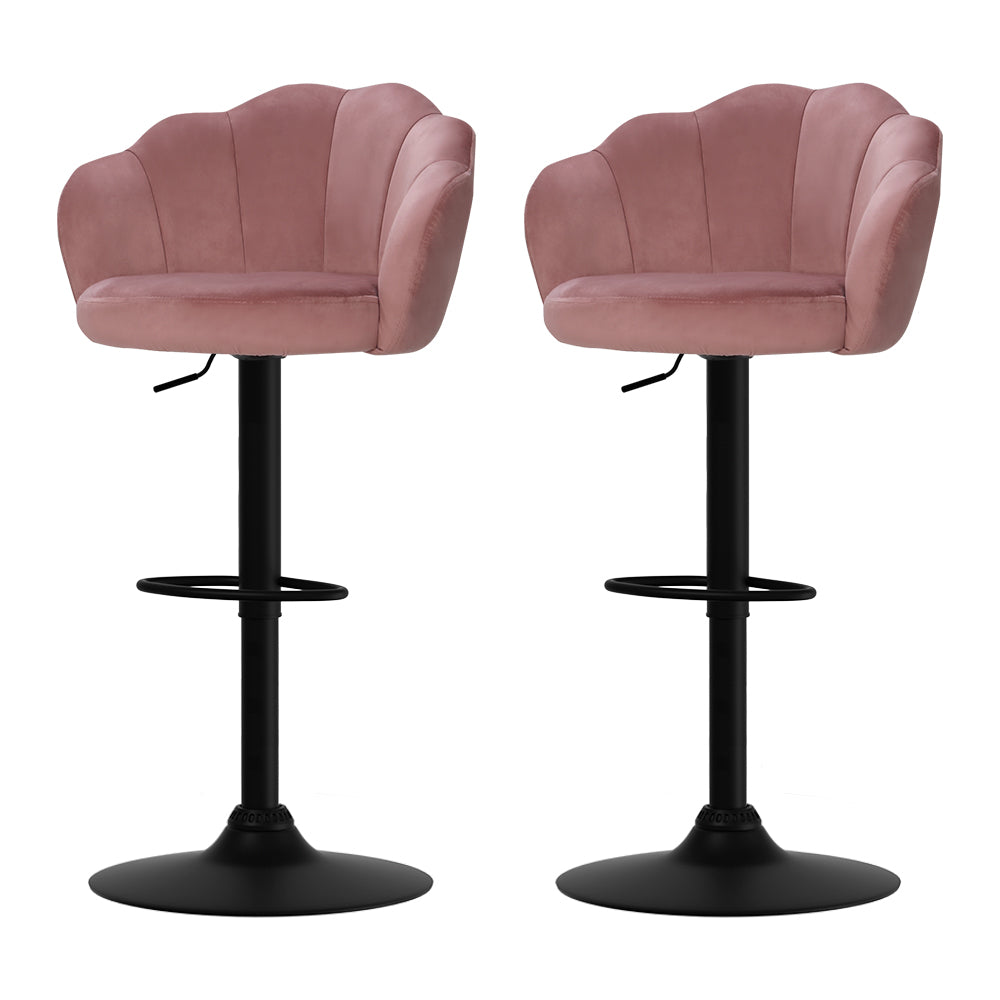 Set of 2 Bar Stools Kitchen Stool Swivel Chair Gas Lift Velvet Chairs Pink Nessah