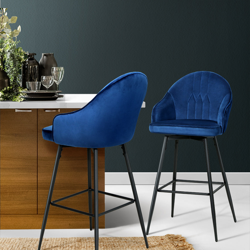 Set of 2 Bar Stools Kitchen Stool Dining Chairs Velvet Chair Barstool Blue Mesial