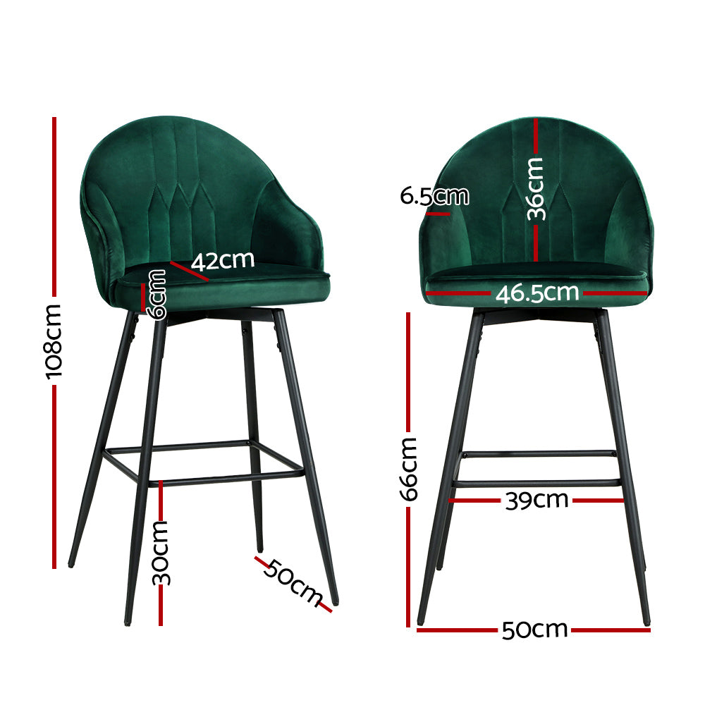 Set of 2 Bar Stools Kitchen Stool Dining Chairs Velvet Chair Barstool Green Mesial