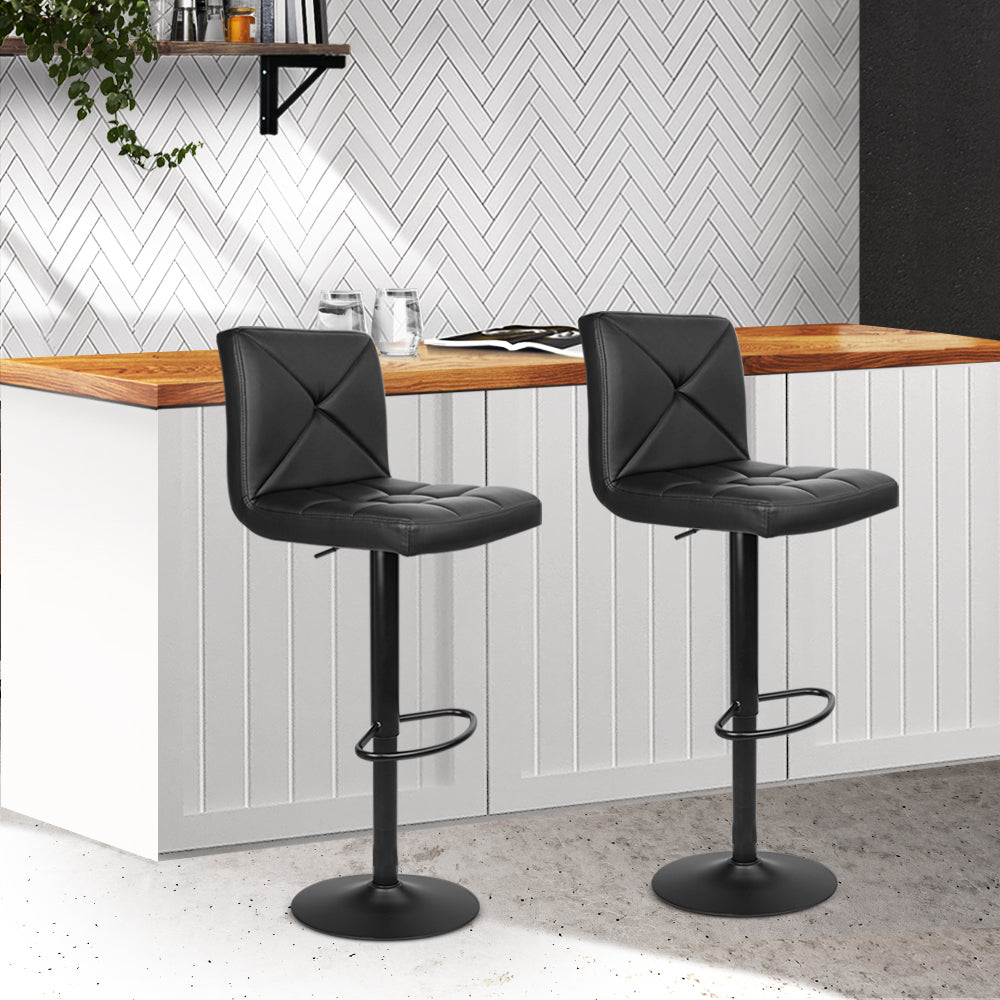 Set of 2 PU Leather Gas Lift Bar Stools - Black