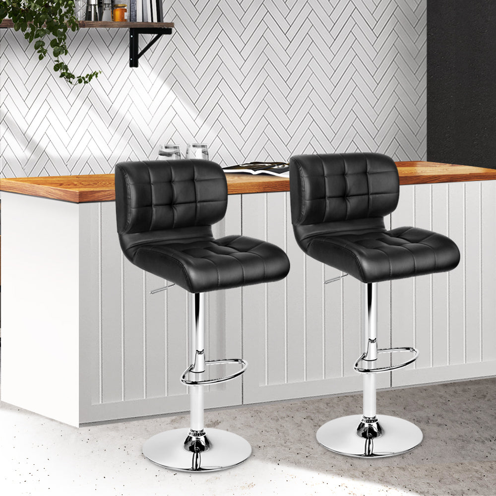 Set of 2 PU Leather Gas Lift Bar Stools - Black and Chrome