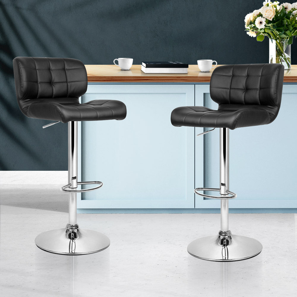 Set of 2 PU Leather Gas Lift Bar Stools - Black and Chrome