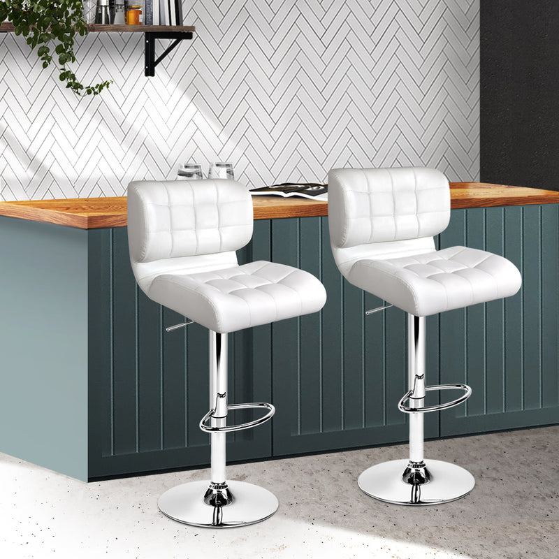 Set of 2 PU Leather Gas Lift Bar Stools - White and Chrome