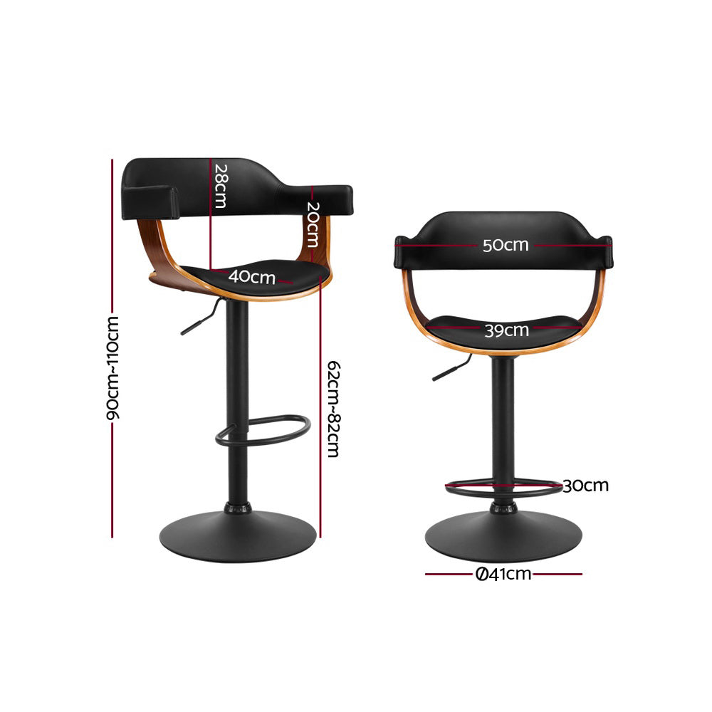 Set of 2 Flynn Wooden Gas Lift Bar Stools With Armrest Black