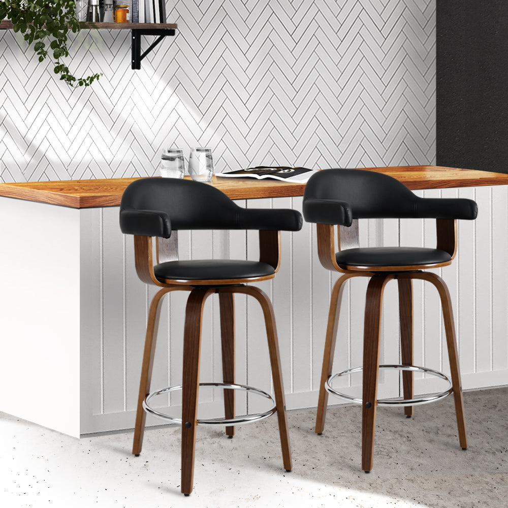 Set of 2 Bar Stools PU Leather Wooden Swivel - Wood, Chrome and Black