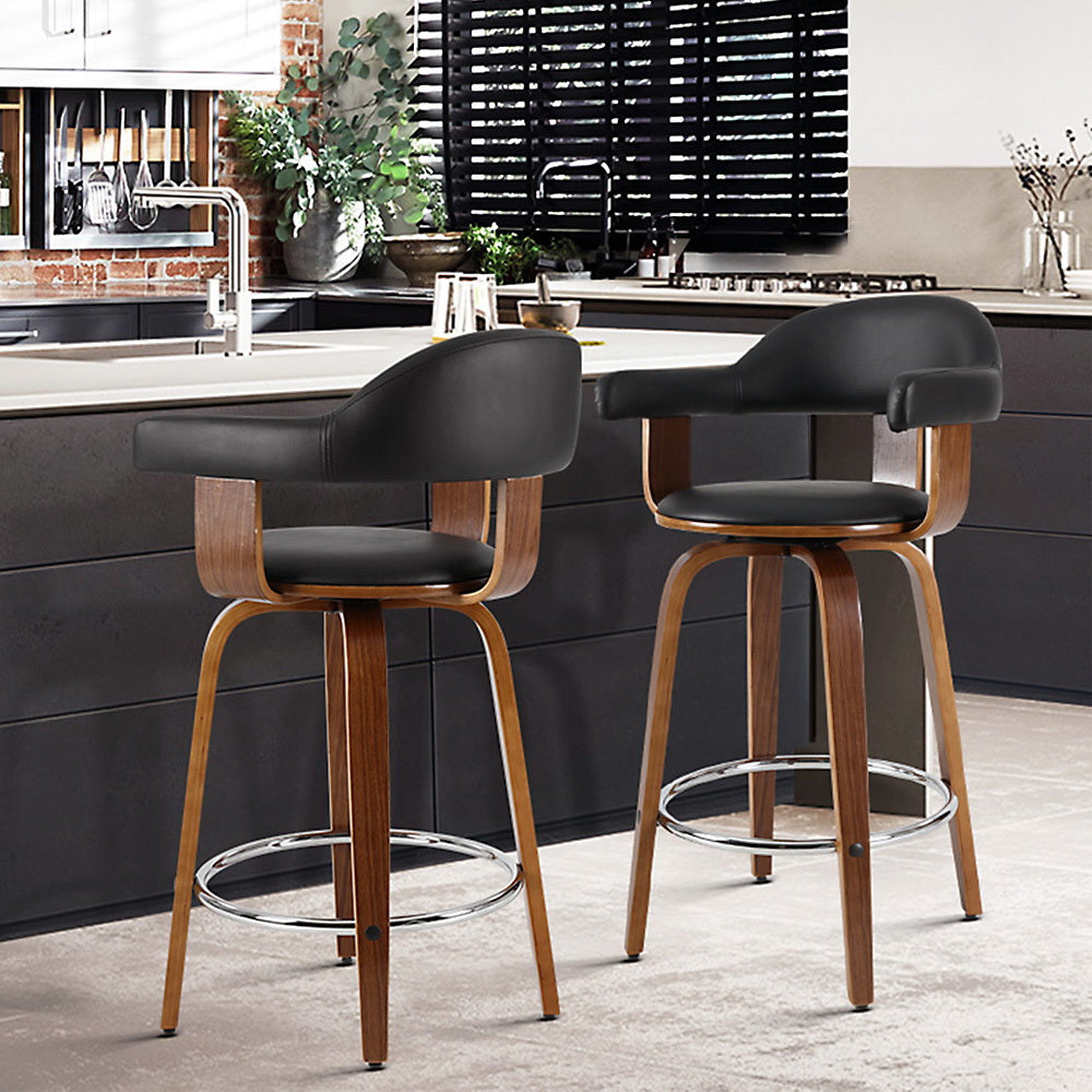 Set of 2 Bar Stools PU Leather Wooden Swivel - Wood, Chrome and Black