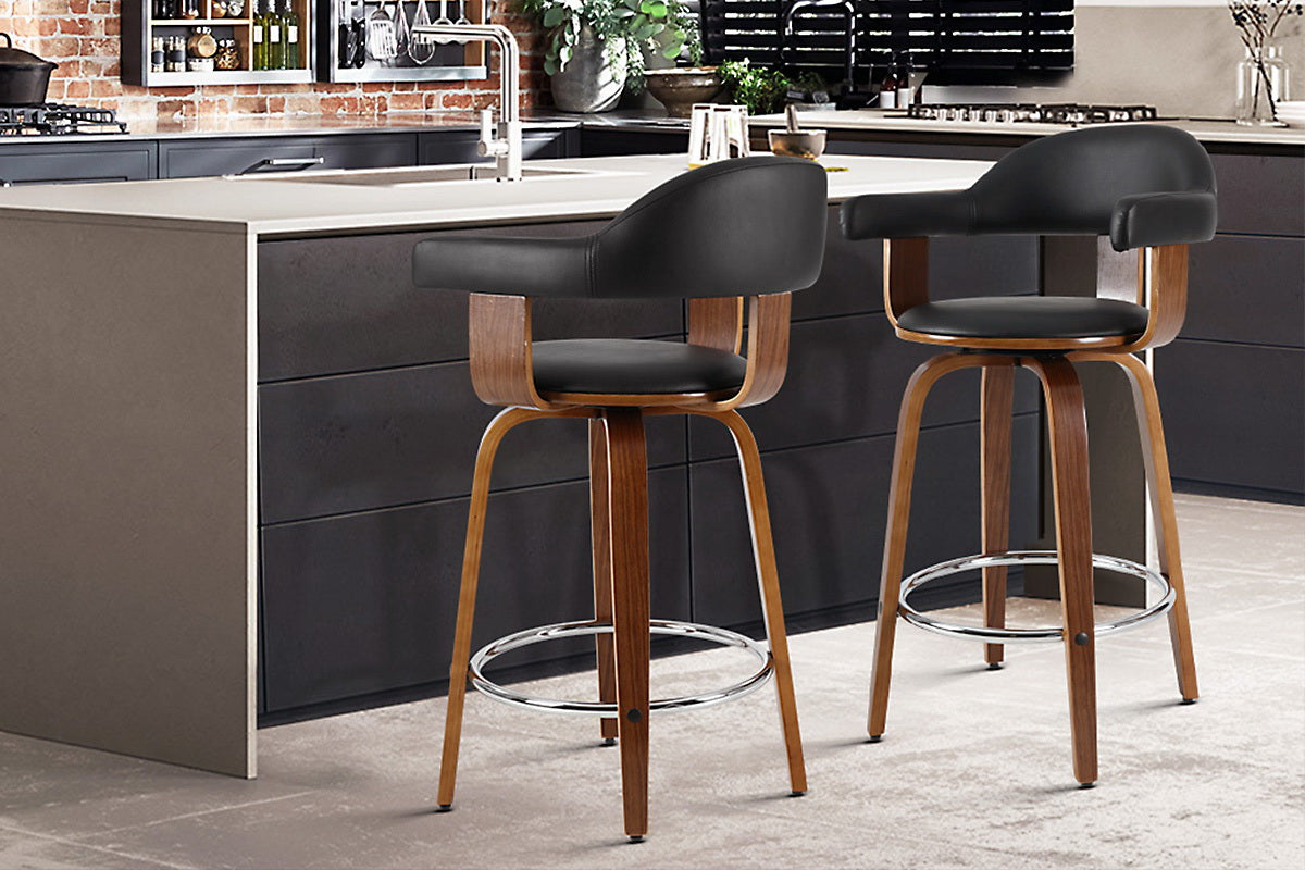 Set of 2 Bar Stools PU Leather Wooden Swivel - Wood, Chrome and Black