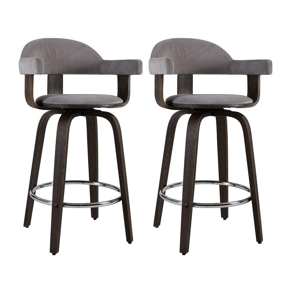 Set of 2 Bar Stools Wooden Swivel Bar Stool Kitchen Dining Chair - Wood, Chrome and Grey