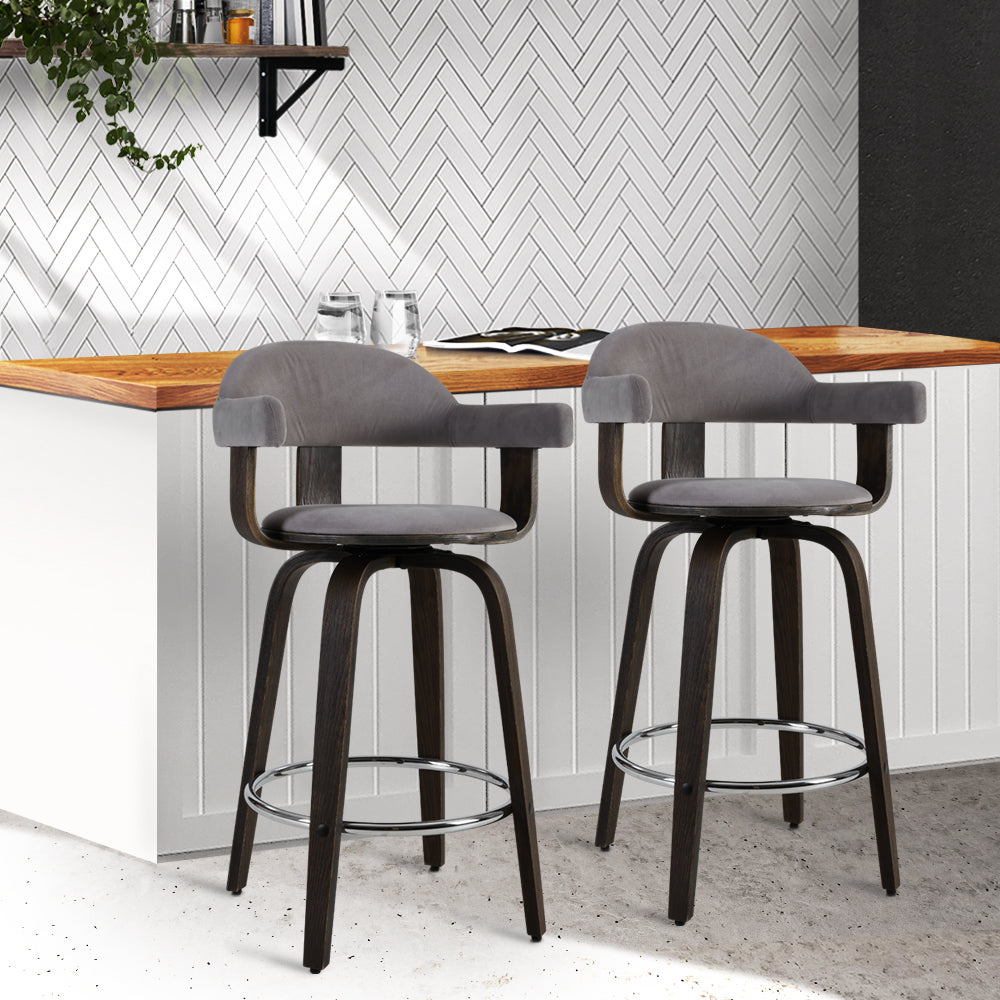 Set of 2 Bar Stools Wooden Swivel Bar Stool Kitchen Dining Chair - Wood, Chrome and Grey