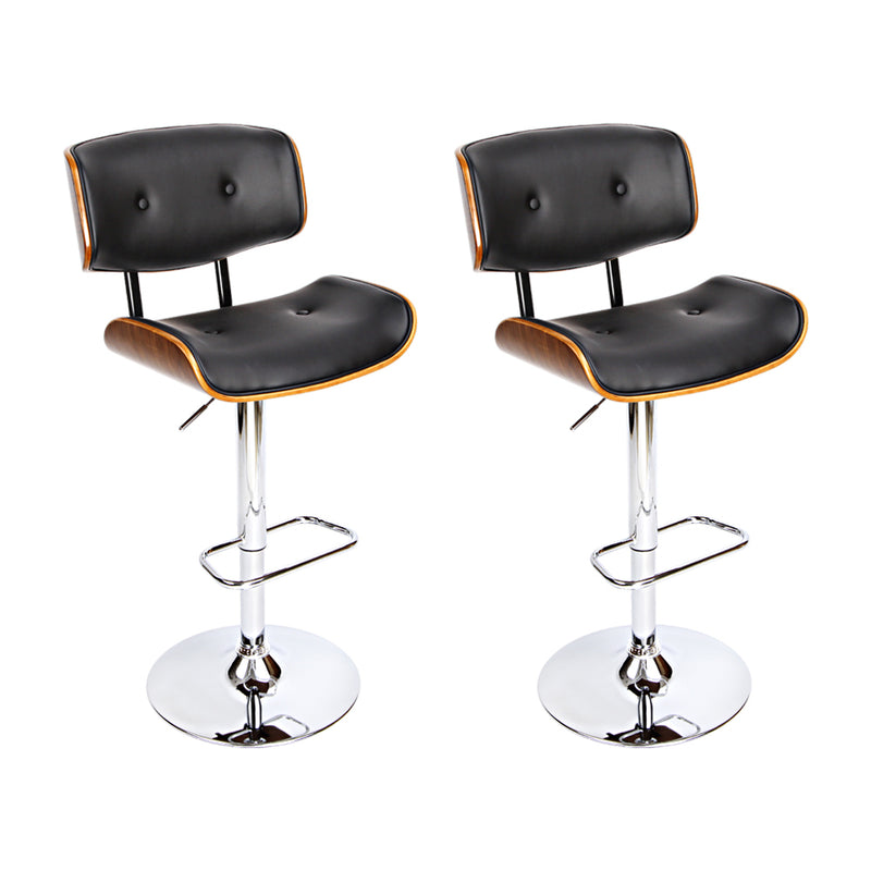 Set of 2 Hailey Wood and Leather Gas Lift Bar Stools Black and Chrome