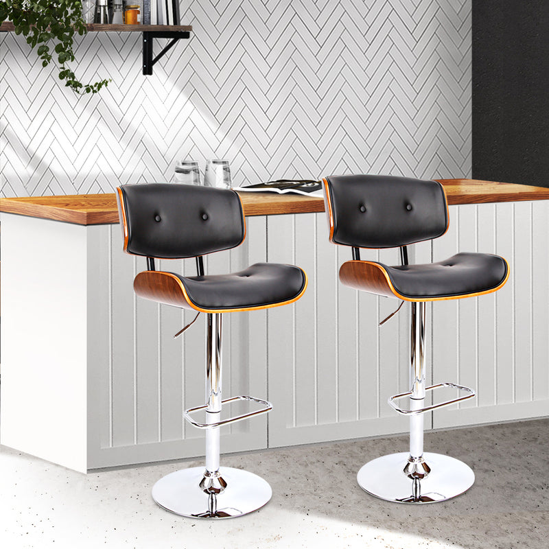 Set of 2 Hailey Wood and Leather Gas Lift Bar Stools Black and Chrome