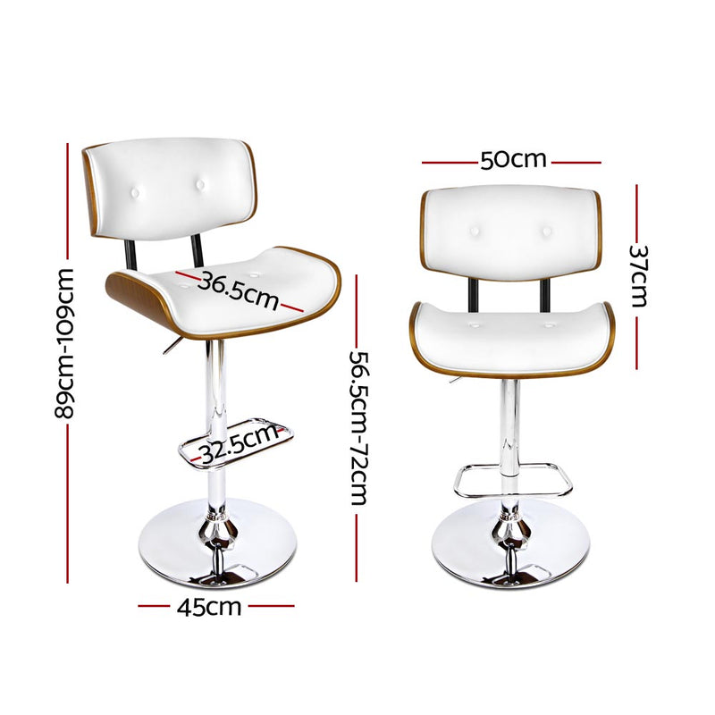Set of 2 Hailey Wood and Leather Gas Lift Bar Stools White and Chrome
