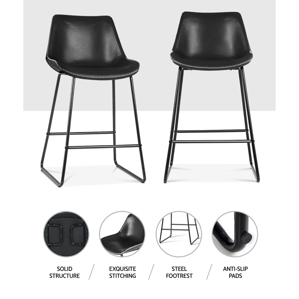 Set of 2 Bar Stools Kitchen Metal Bar Stool Dining Chairs PU Leather Black