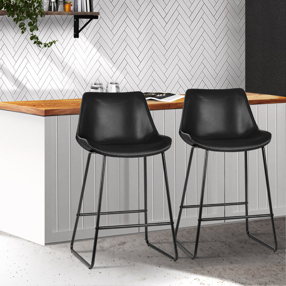 Set of 2 Bar Stools Kitchen Metal Bar Stool Dining Chairs PU Leather Black