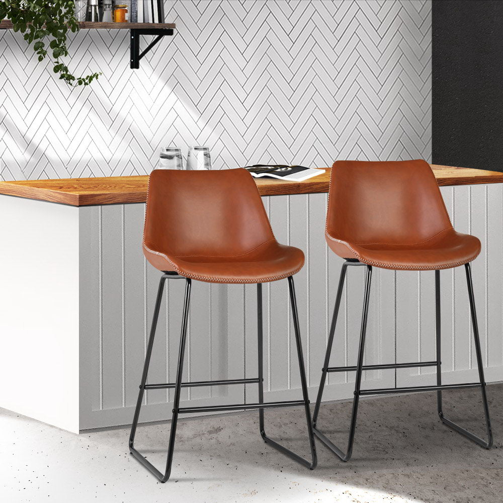 Set of 2 Bar Stools Kitchen Metal Bar Stool Dining Chairs PU Leather Brown