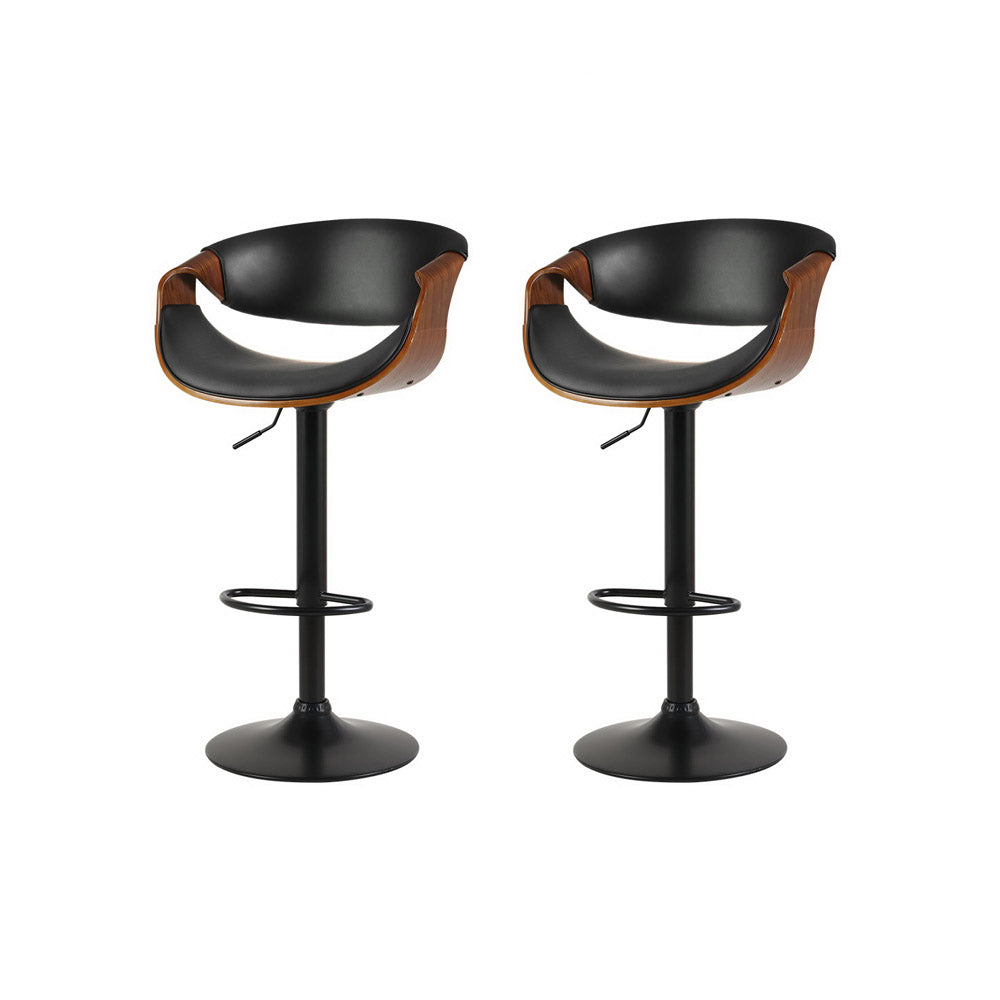 Set of 2 Landon Wood and Leather Gas Lift Bar Stools Black