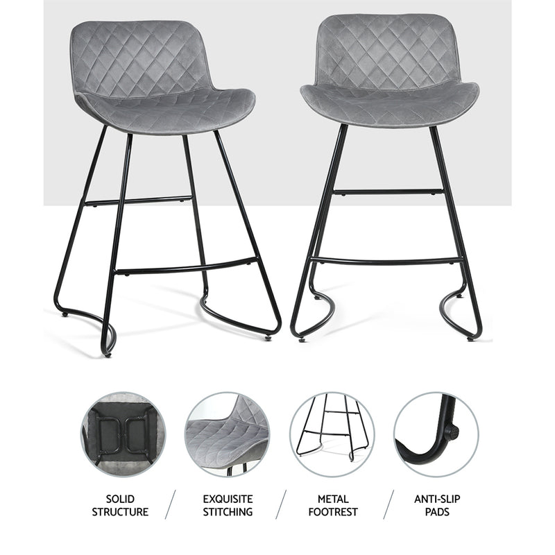 Set of 2 Bar Stools Kitchen Stool Chairs Chair Velvet Barstool Barstools Grey