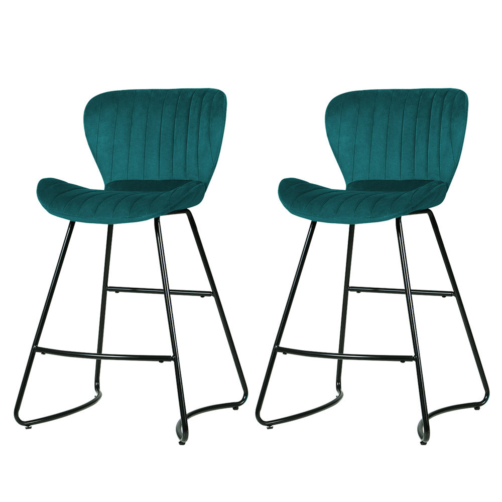 Set of 2 Bar Stools Kitchen Stool Velvet Dining Chairs Peacock Blue Barstool Chair