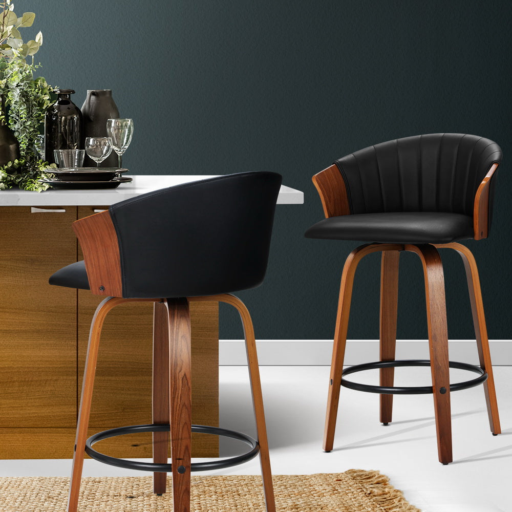 Set of 2 Bar Stools Kitchen Stool Wooden Chair Swivel Chairs Leather Black