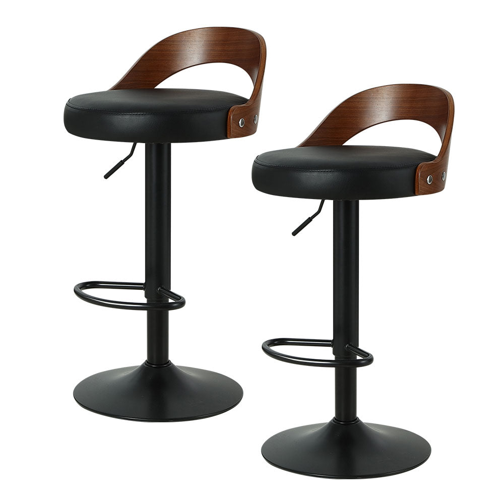 Set of 2 Bar Stools Kitchen Gas Lift Wooden Stool Metal Barstools Black Swivel