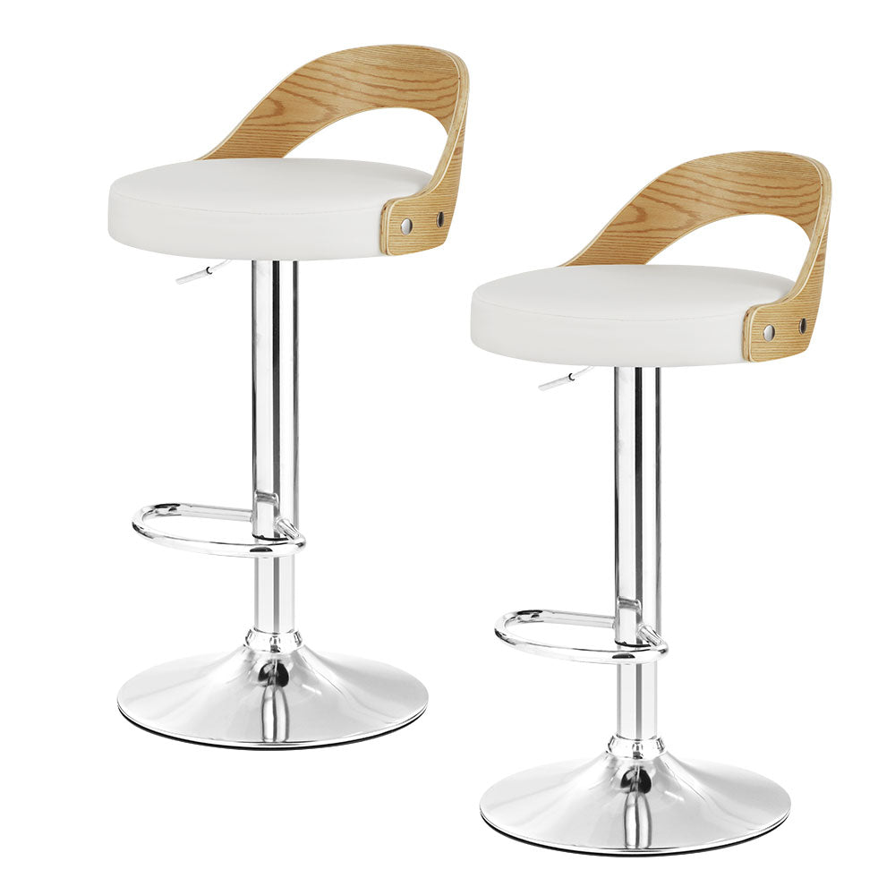 Set of 2 Bar Stools Kitchen Gas Lift Wooden Stool Metal Barstools White Swivel