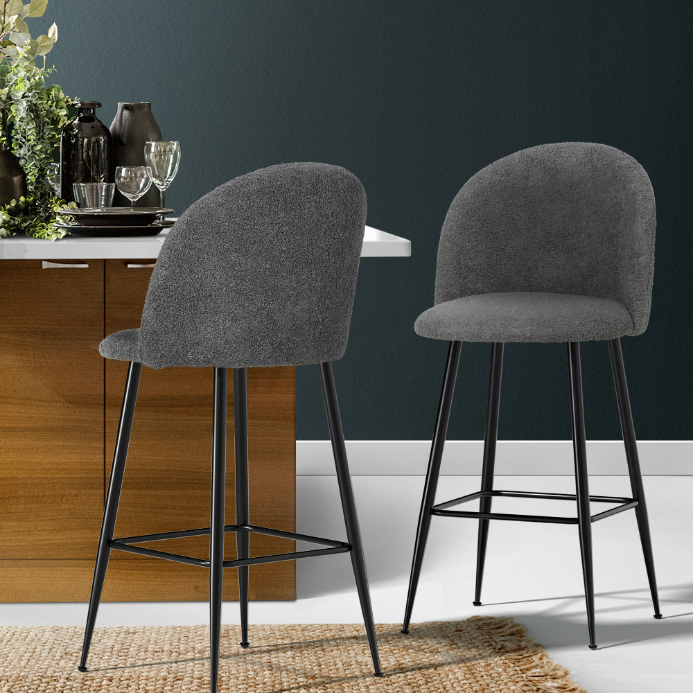 Set of 2 Bar Stools Kitchen Dining Chair Stool Chairs Sherpa Boucle Charcoal