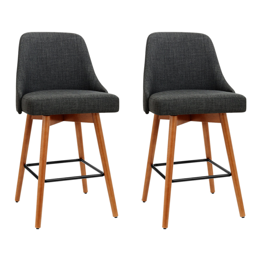 Set of 2 Wooden Fabric Bar Stools Square Footrest - Charcoal